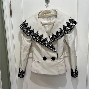 Vintage Victor Costa White woven double breasted jacket with appliqué trim